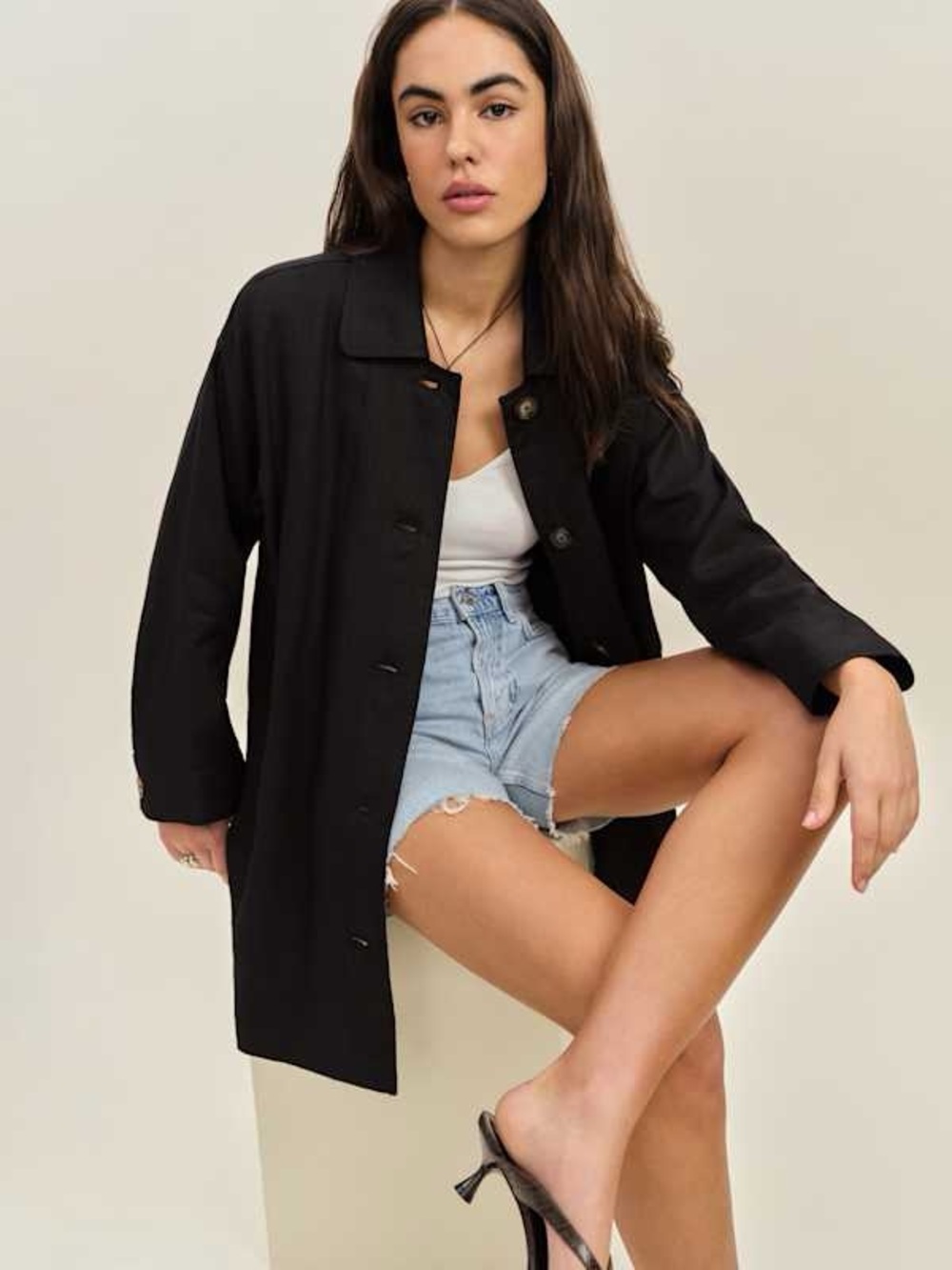 Reformation 100% Line. Black Single-Breasted Trench Coat Size Small